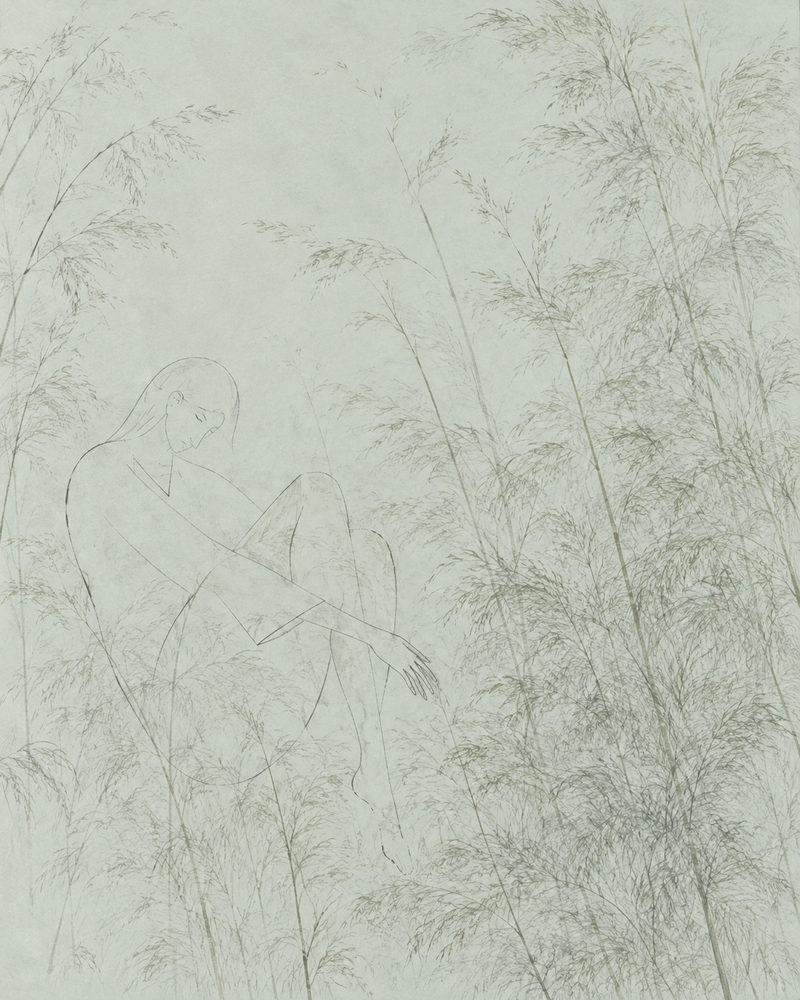 seated in grass: seated figure with knees drawn up, eyes closed, pencil line drawing, pale grey-green and graphite