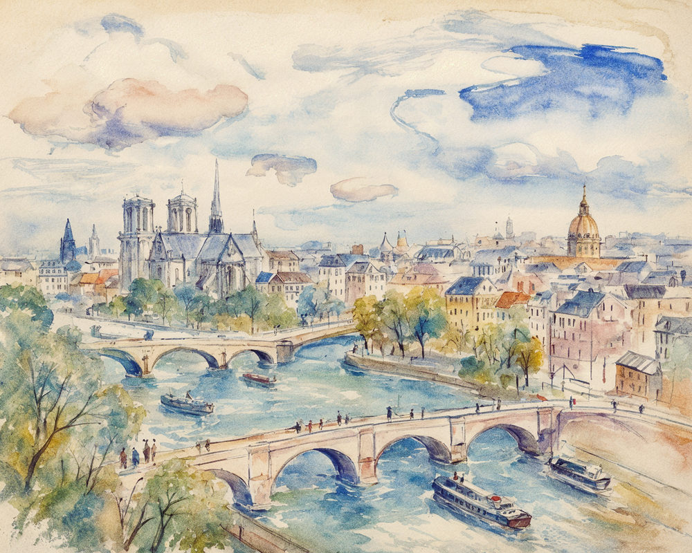 seine bridges: seine river and notre dame, travel sketch cityscape, pastel blue terracotta french
