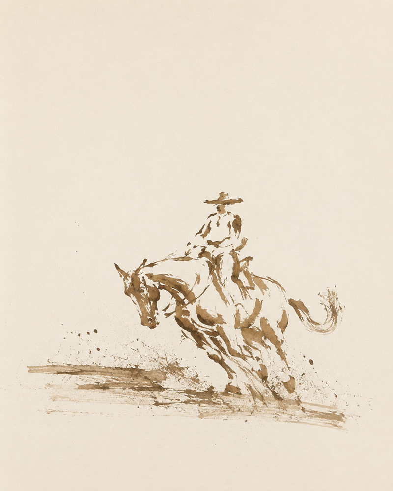 sepia rider: galloping horse, sepia ink brush style, minimalist western, warm brown and cream