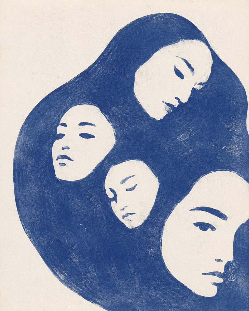 serene faces: indigo blue figurative, calm female portrait, tranquil bedroom