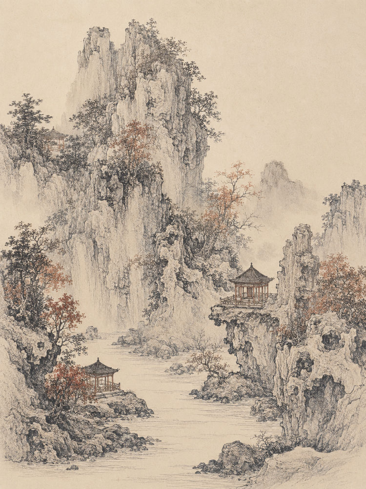 shanshui pavilions: karst peaks and pavilions, autumn maple ink landscape, tea cream and rust