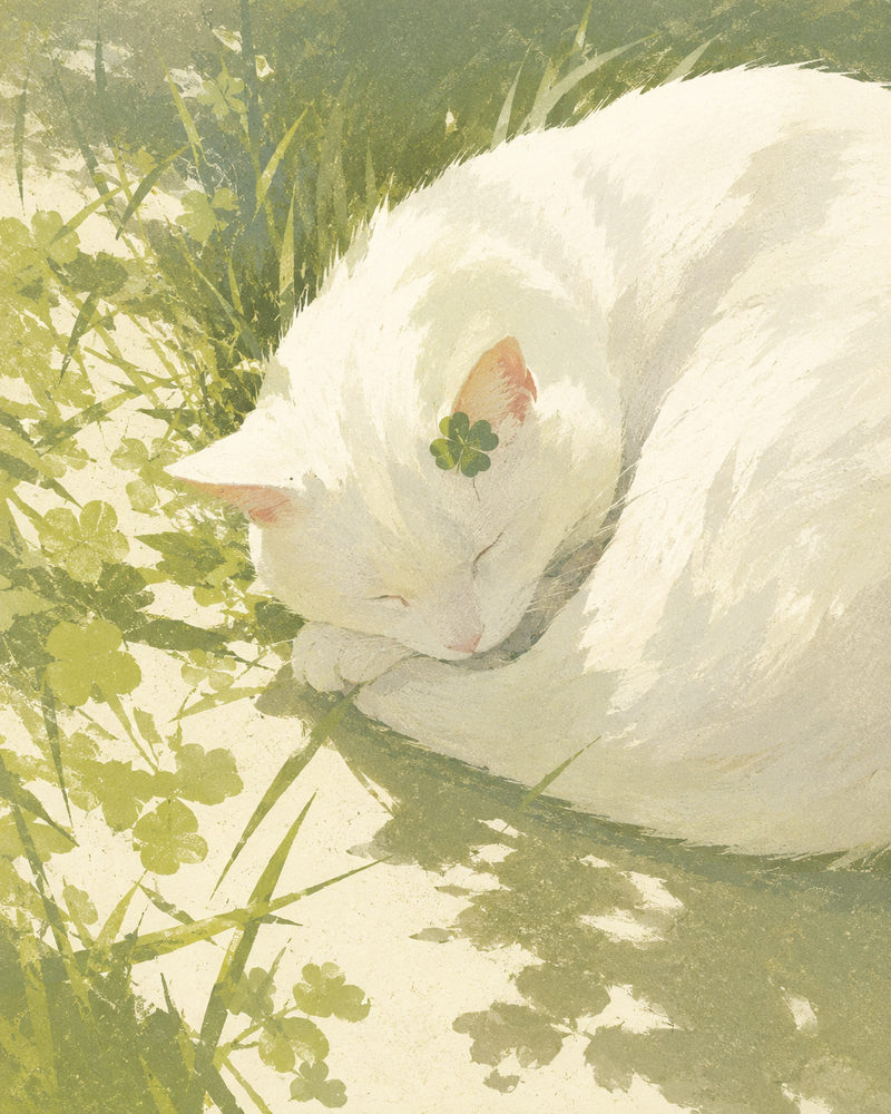 sleeping cat: white cat, storybook nursery, sage green cottagecore