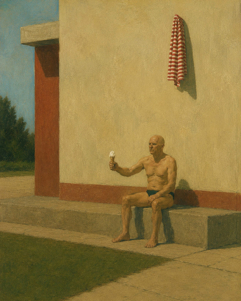 soft serve: poolside man, deadpan realism, funny summer, cream and red