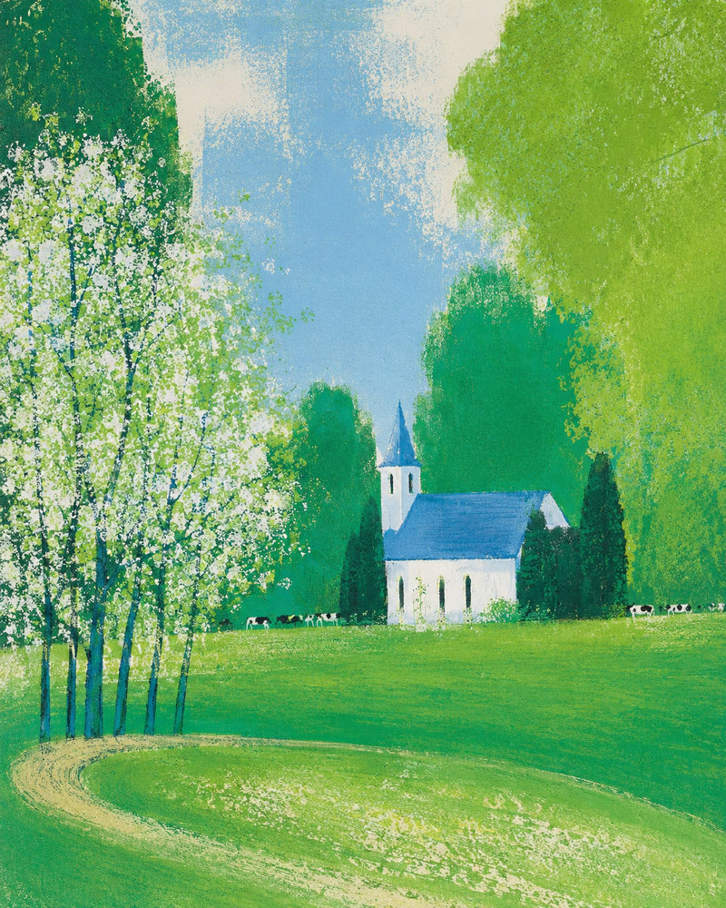spring church: naive folk, pointillist spring meadow, green and blue
