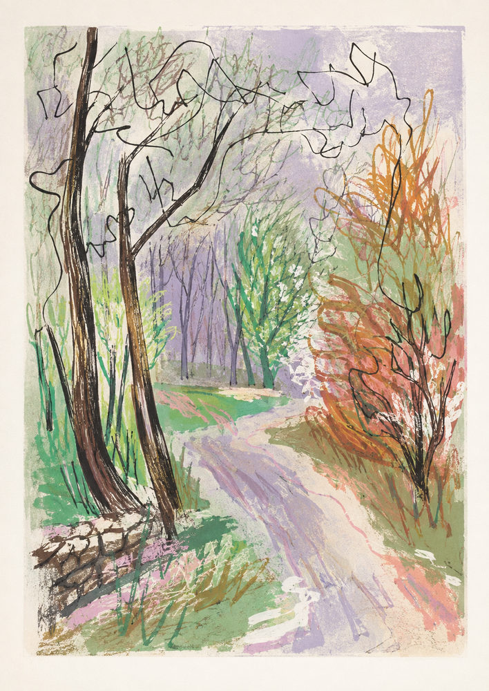 spring path: forest path landscape, lithograph style blossom trees, lilac and rust orange