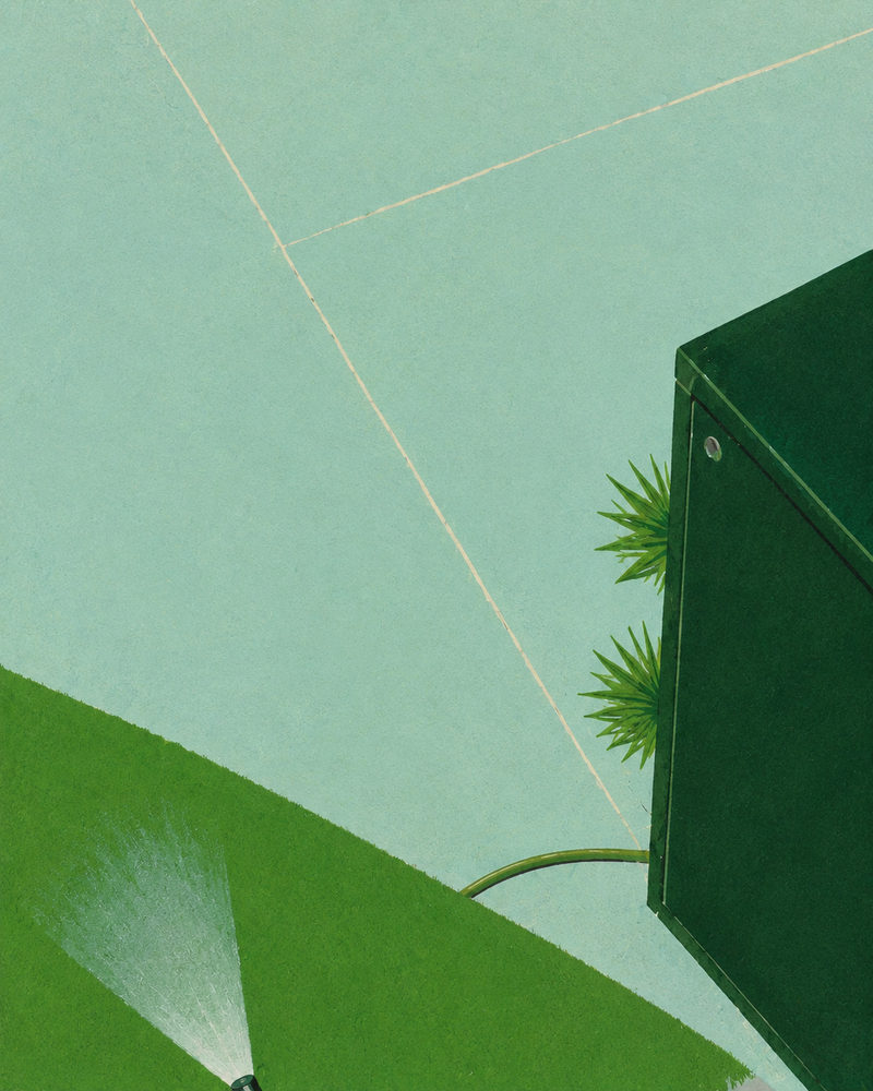 sprinkler court: sage green abstract, flat graphic screenprint, sprinkler lawn