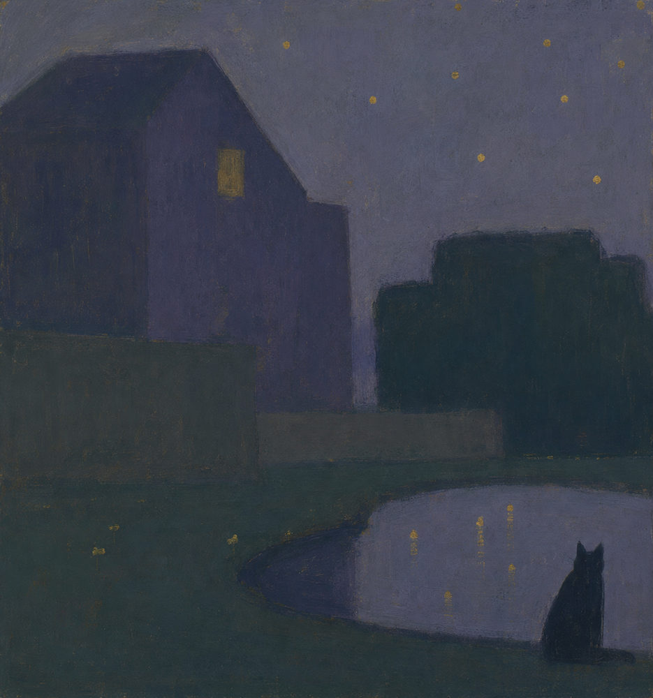 starlit pond: starlit pond nocturne, naive modernist barn, firefly summer night, lavender olive gold