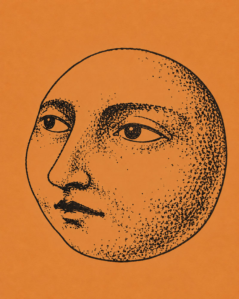 stippled moon: stippled ink face in a full moon, pen and ink dotwork illustration, black on orange