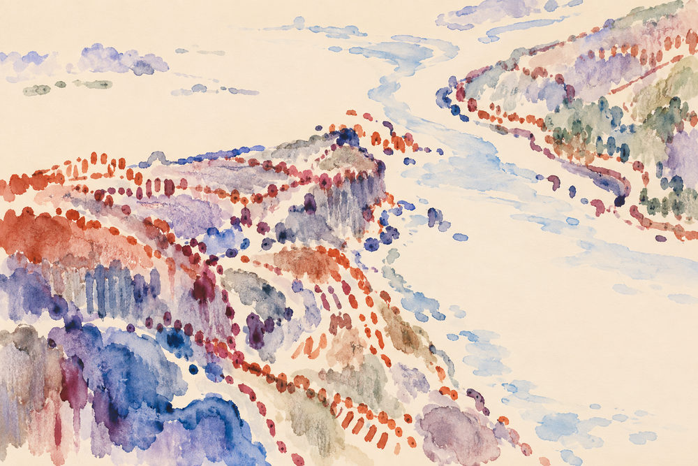 stippled river: pale blue river washes, watercolour from a height, terracotta plum and sage