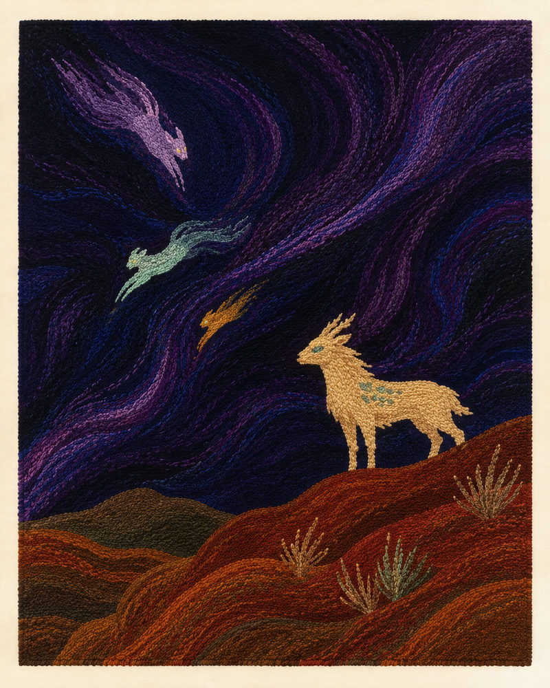 stitched desert: folk crewelwork, mythic night sky hares, rust red desert