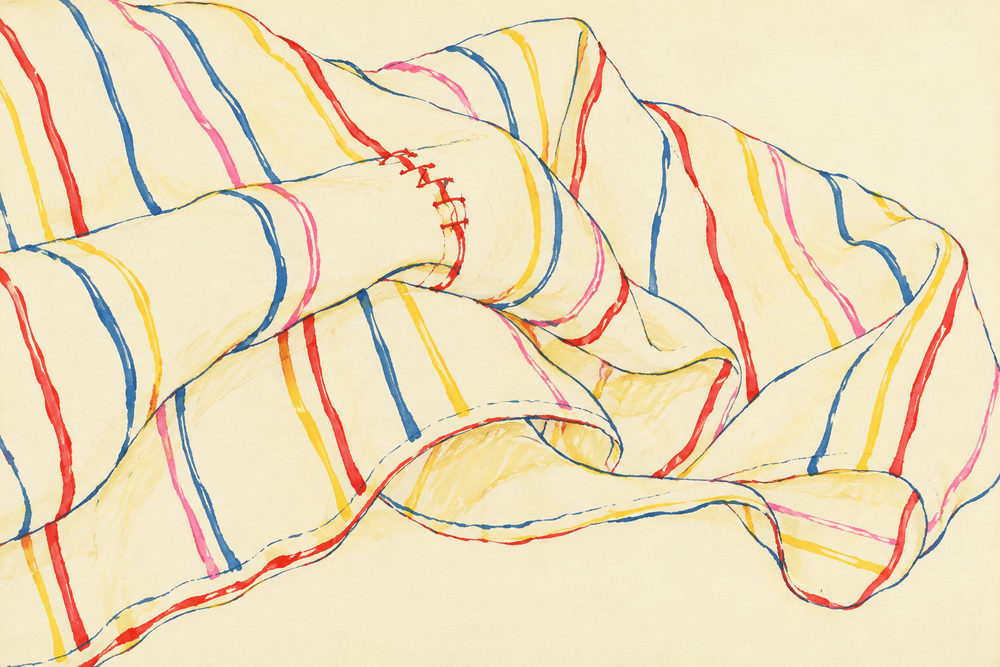 striped cloth: folded linen still life with stitched hem, loose watercolour sketch, red blue and yellow stripes