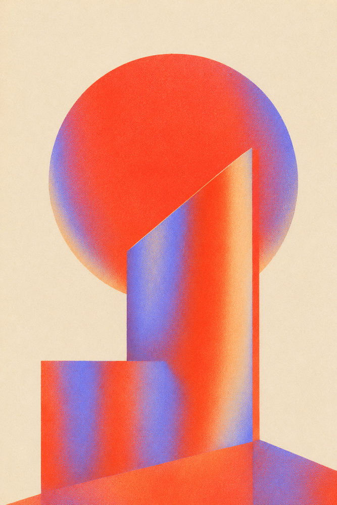 sun monolith: bauhaus style, riso red blue, abstract architecture, mid century modern
