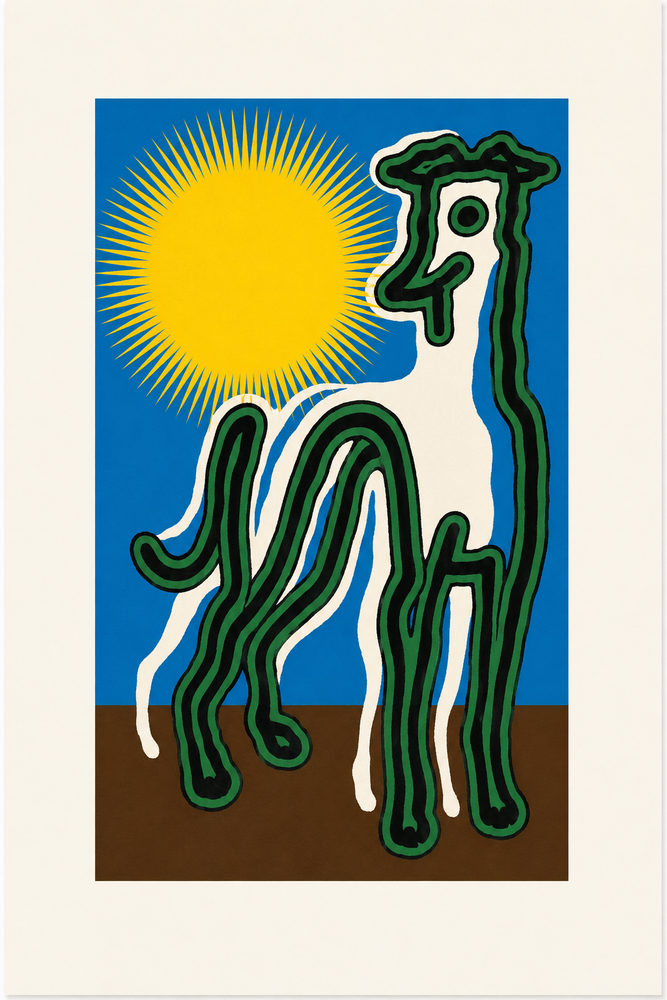 sunburst creature: naive animal, bold green llama, whimsical living room