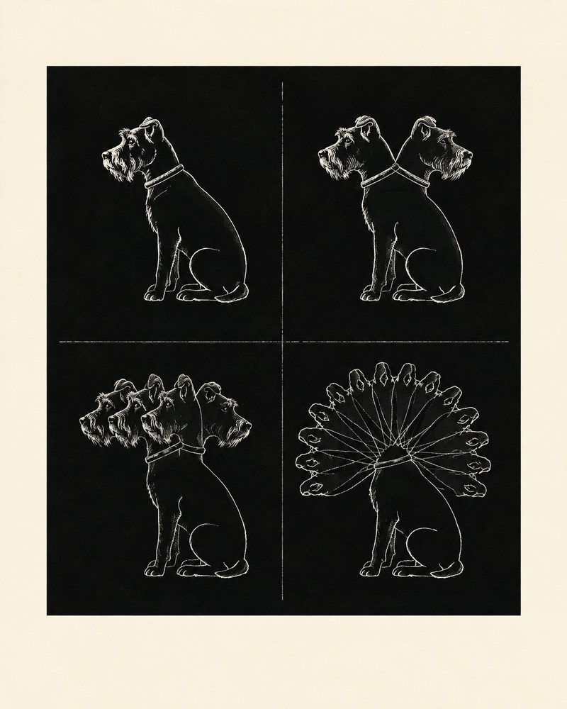 surreal dog grid: schnauzer grid, weird multi head dog, black & white pop surrealism