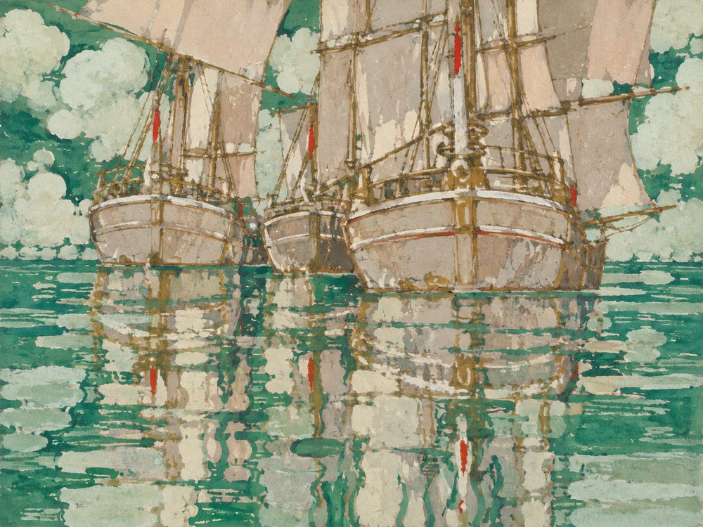 tall ships: three square rigged ships reflected in calm water, red pennants, gouache, jade green and sand