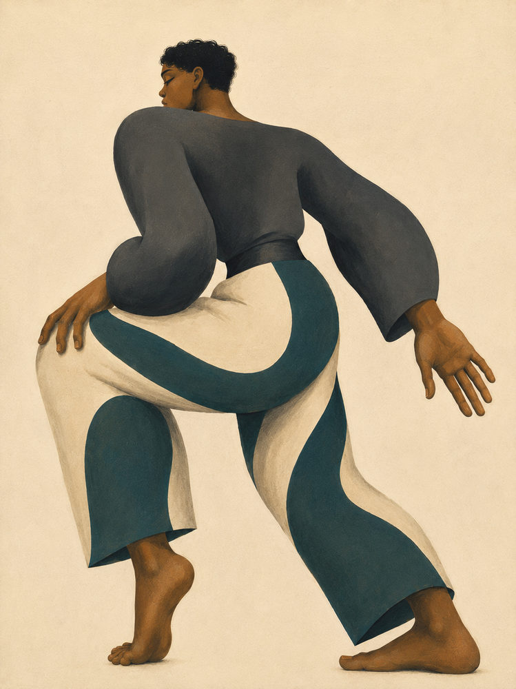 teal dancer: abstract figure, teal and cream, deco dance