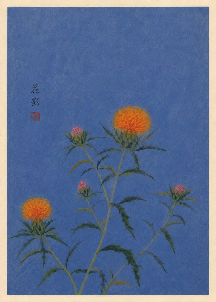 thistle blue: chinoiserie cobalt blue, orange thistle, oriental living room