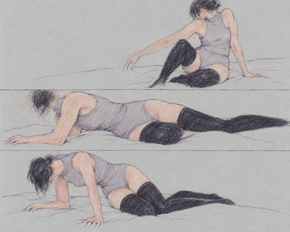 three poses: one woman in three poses on a bed, black stockings, colored pencil on grey paper, peach and black