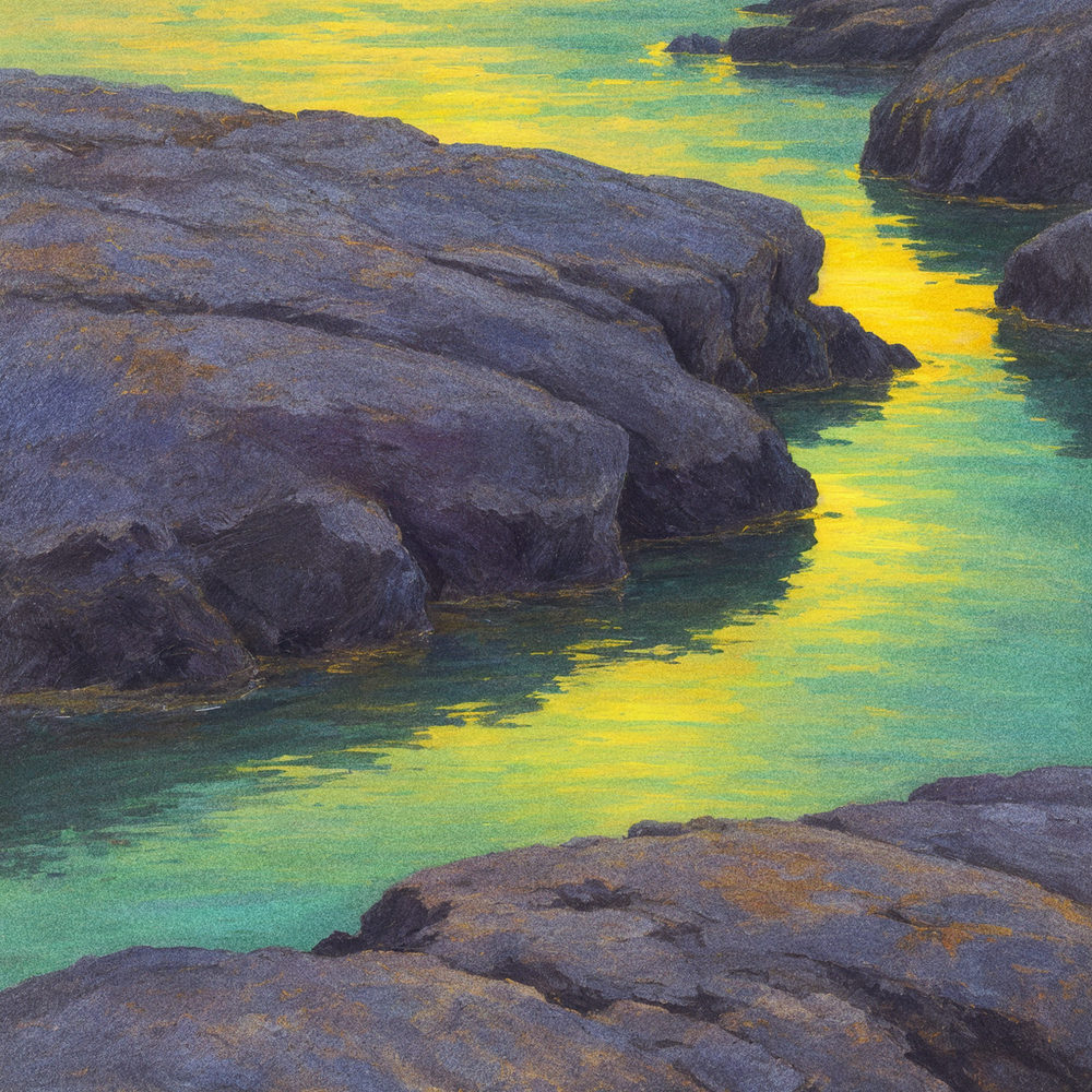 tide channel: tidal channel through violet gray rocks, gouache style, yellow green and teal water