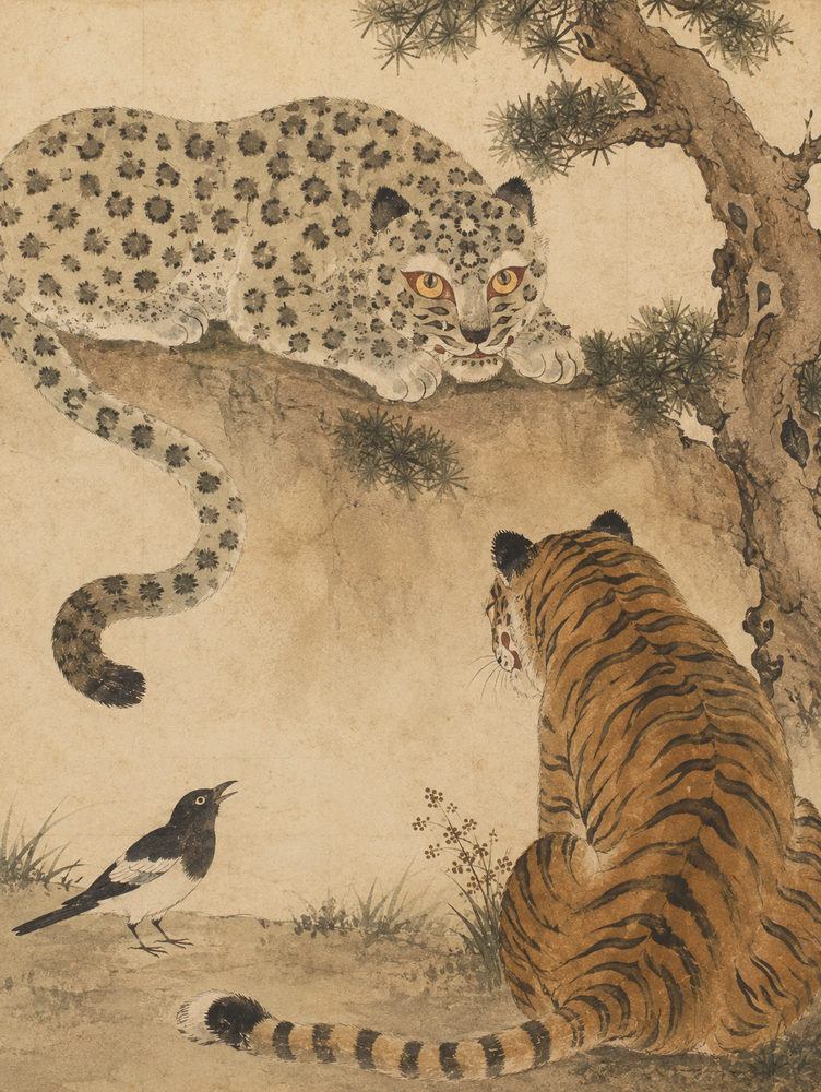 tiger magpie: korean minhwa folk, leopard in a pine tree, antique asian animal