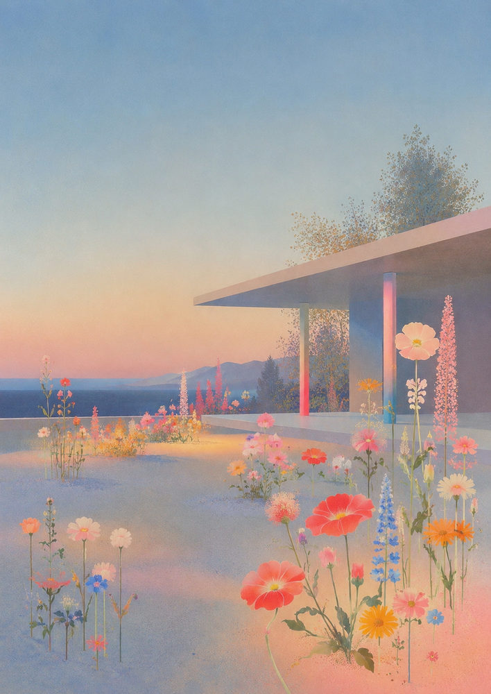 twilight garden: mid century modern, powder blue pastel, coastal living room