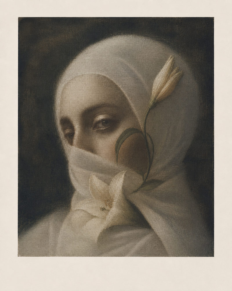 veiled lily: ethereal portrait, white lily, muted old master bedroom