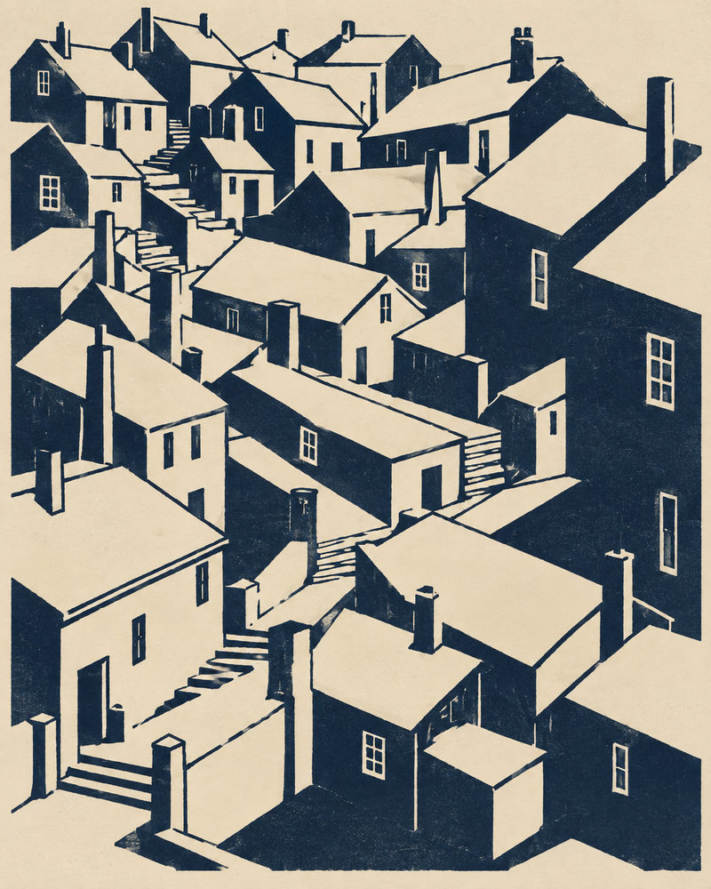 village stairs: crowded houses, chimneys and steep stairways, bold block shapes, navy on cream
