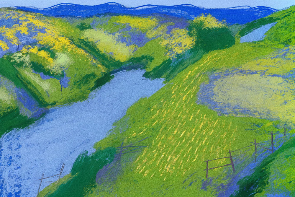 vineyard river: river valley, fauvist pastel green hills, chartreuse and cobalt blue