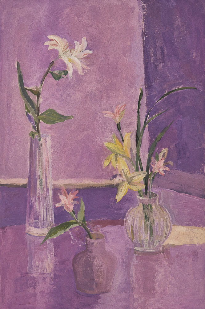 violet lilies: violet gouache flower vases, tonal mauve plum botanical, glass vase bloom