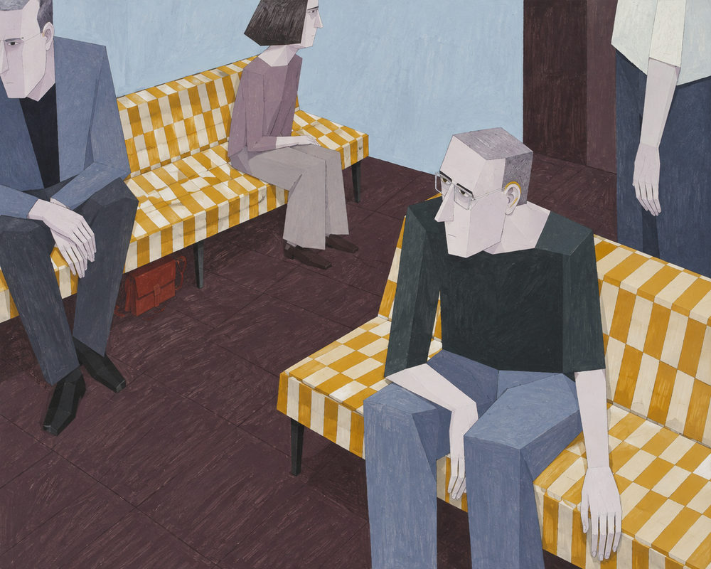 waiting room: three people on mustard checked benches, flat faceted figures, gouache style, pale blue and plum brown