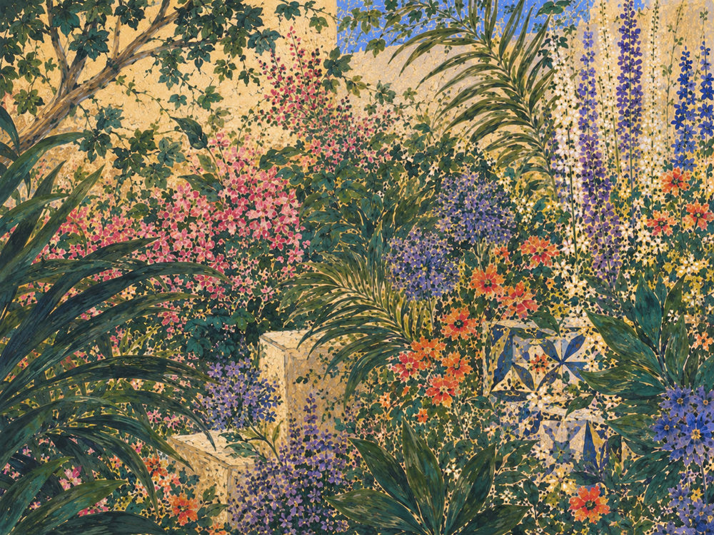 walled garden: lush flower border, azulejo tile garden, blue and coral botanical