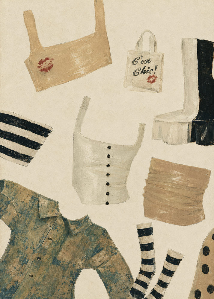 wardrobe flatlay: retro outfit illustration, vintage thrift clothes, cream tan and teal