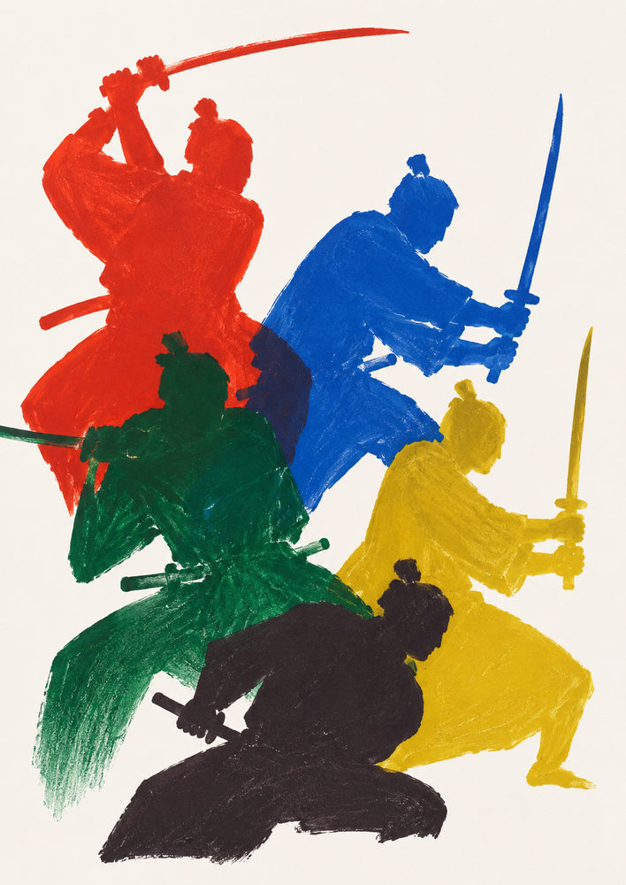 warriors combat: bold silhouette, colorful japanese, martial arts living room
