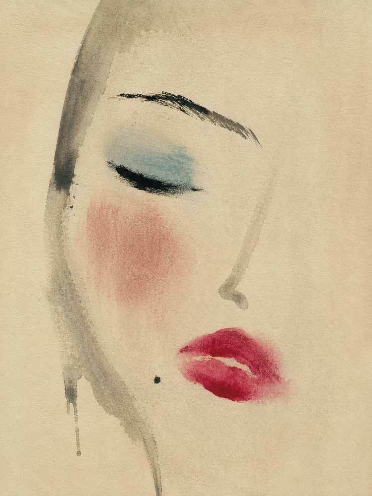 watercolor portrait: vintage fashion illustration, watercolor beauty, crimson blush blue cream