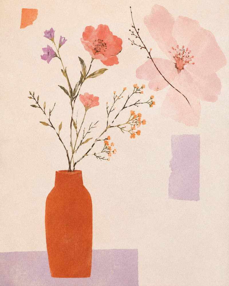 watercolor vase: terracotta coral, poppy bellflower, cottagecore bedroom