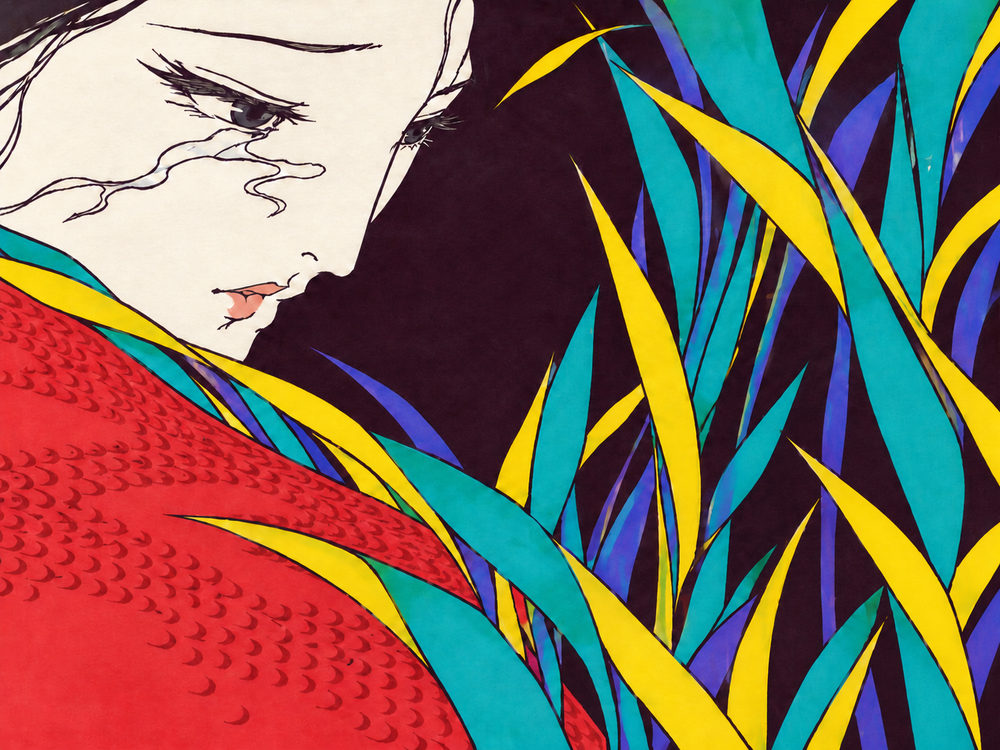 weeping reeds: flat ink line illustration, red, yellow, teal and plum black