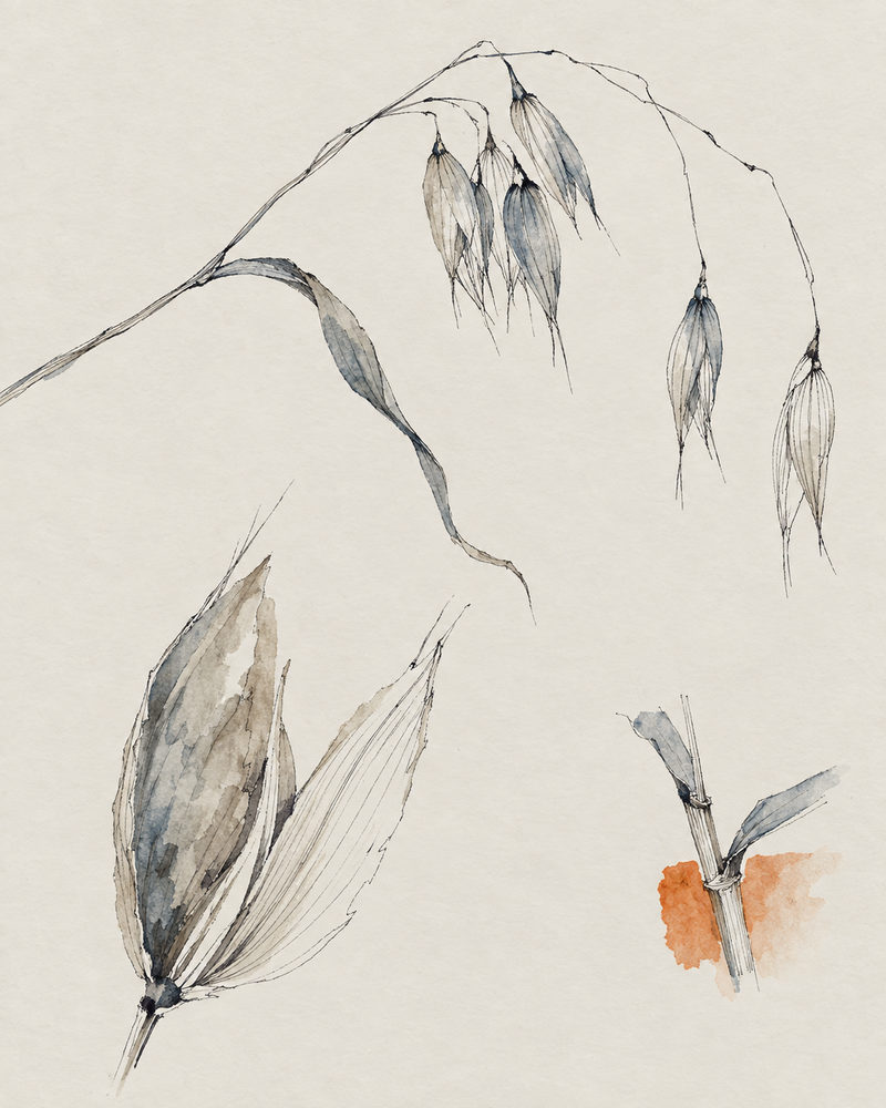 wild oats: seven drooping seed heads on an arching stem, ink and watercolour, slate grey and orange on cream