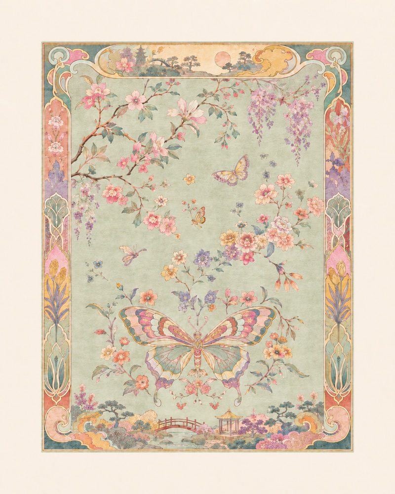 wisteria: sage green cherry blossom botanical, wisteria butterfly