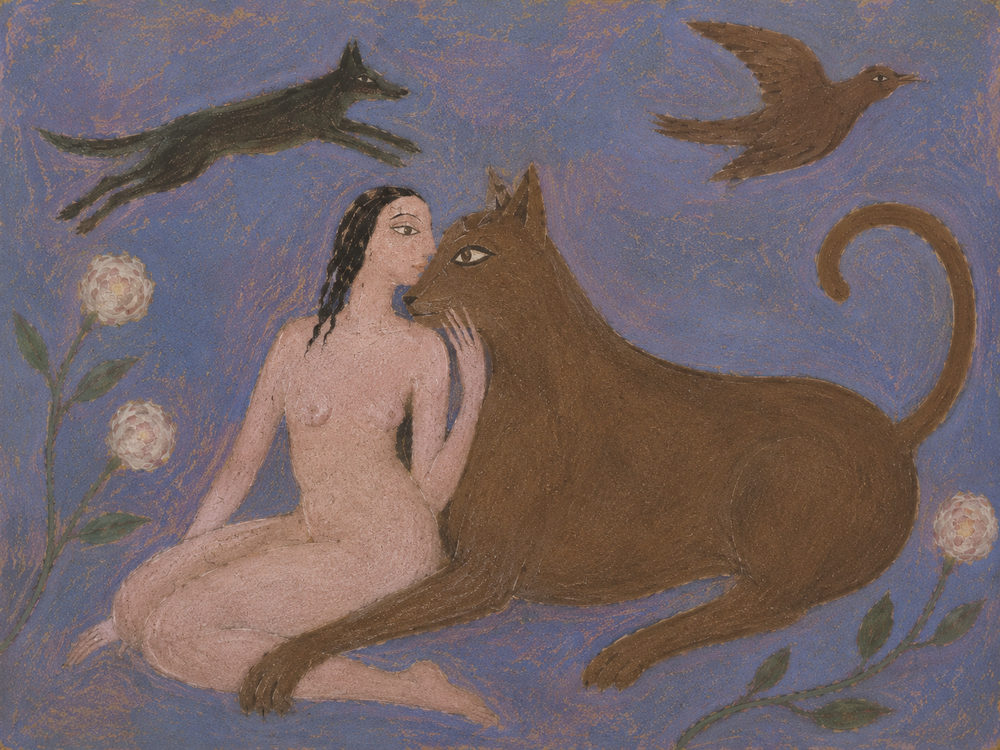 wolf companion: nude figure with a brown wolf, persian miniature style, folk tale