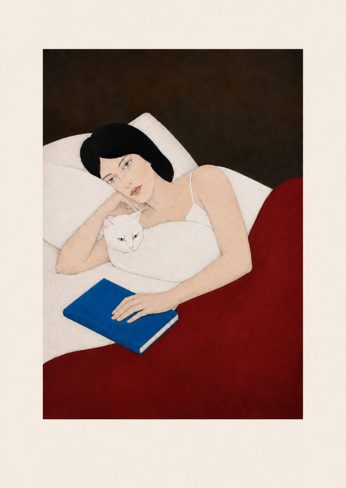 woman and cat: cozy reading in bed, minimalist figurative illustration, cat lover gift
