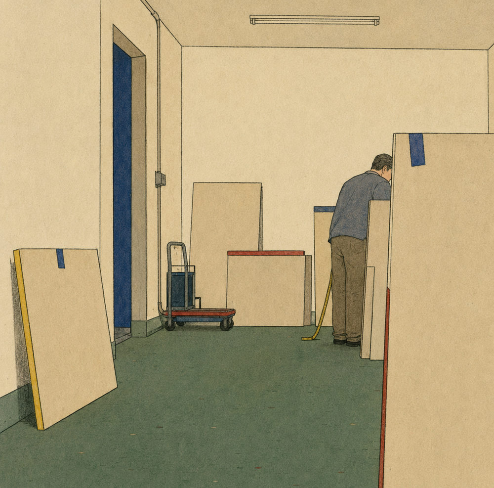 workshop panels: frame workshop, quiet realism illustration, craftsman at work, sage green blue
