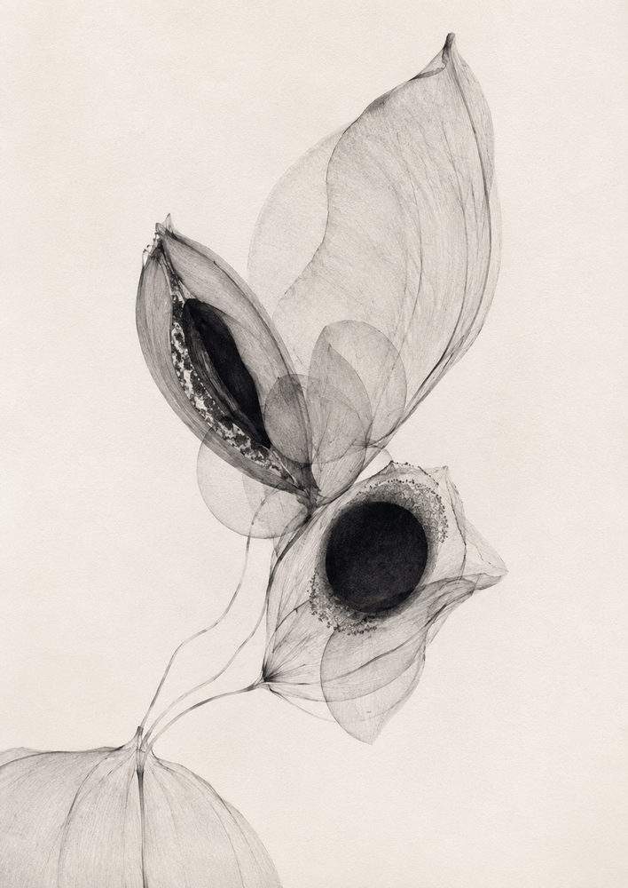 xray blooms: radiograph flower, ghostly seed pod, sepia cream grey, vintage science